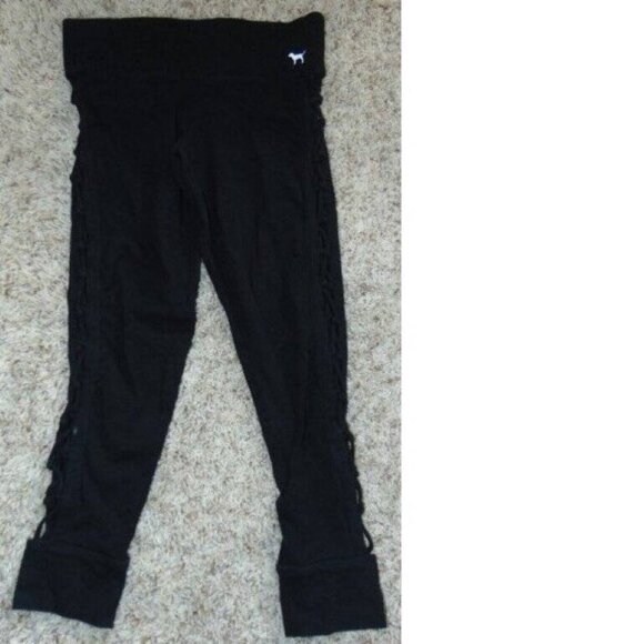 Womens Victorias Secret PINK Yoga Pants Medium Black Pull On Cropped Strappy Leg - Picture 1 of 5